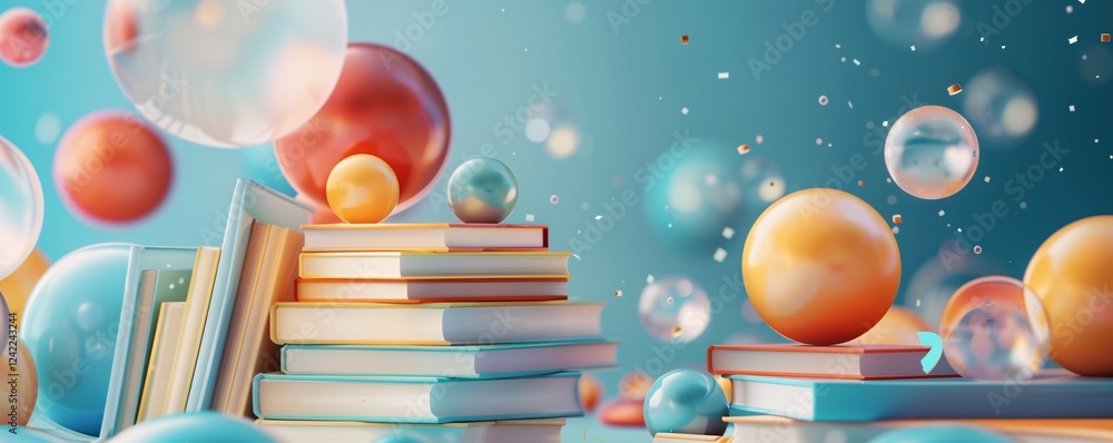 Poster 3d rendering of a pile of books with vibrant floating spheres, set against a blue backdrop with fall