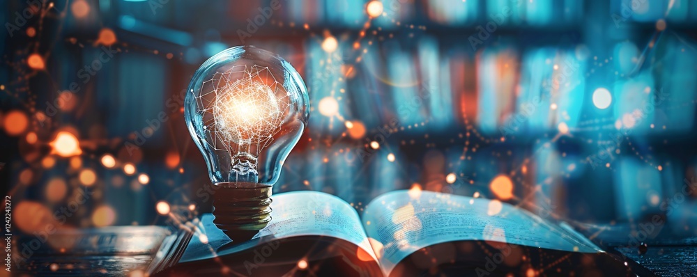 Poster Light bulb illuminates open book, sparking new knowledge and ideas in library ambiance