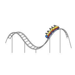black line rollercoaster illustration with yellow red and blue train cars
