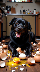 "Mischievous Labrador in the Kitchen with Broken Eggs"