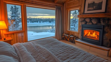 Fototapeta premium Cozy bedroom with a view of a snowy landscape and a warm fireplace.
