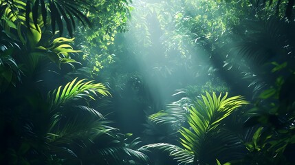 Obraz premium Lush green jungle with sunlight filtering through the dense foliage.