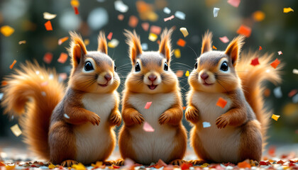 Fototapeta premium Three Adorable Squirrels Celebrating with Confetti
