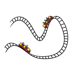 hand drawn yellow red roller coaster cart going up and down on black rails  cartoon illustration clip art  isolated on white