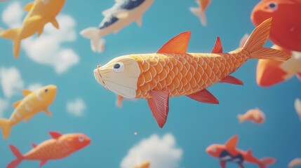 Whimsical Koi Fish Soaring Through a Dreamlike Sky: A Digital Art Piece