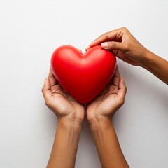Obraz premium close up of hands holding a red heart on a white background