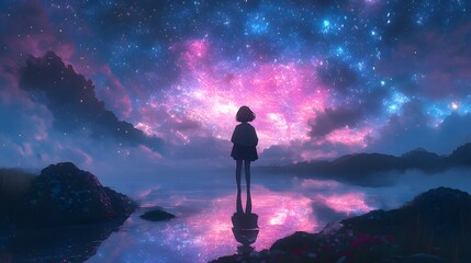 Obraz premium Silhouette of a girl gazing at a vibrant cosmic sky over a serene lake.
