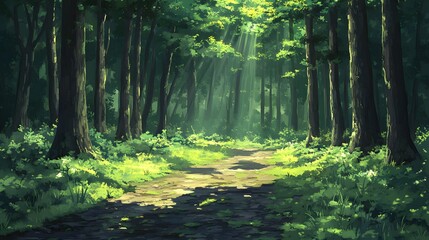 Obraz premium Serene forest pathway illuminated by soft sunlight filtering through the trees.