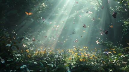 Fototapeta premium Ethereal Forest Clearing with Sunlight and Colorful Butterflies