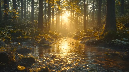 Fototapeta premium Sunrise Reflections in a Lush Forest Stream Nature Photography Tranquil Environment Serene View