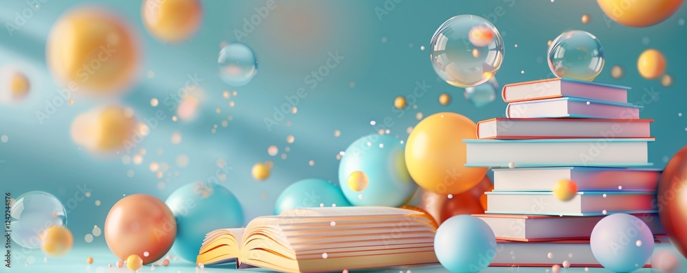 Poster 3d rendering of an open book, a pile of books, and vibrant bubbles on a blue backdrop
