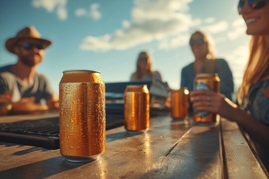 Friends enjoying drinks outdoors, summer sunset