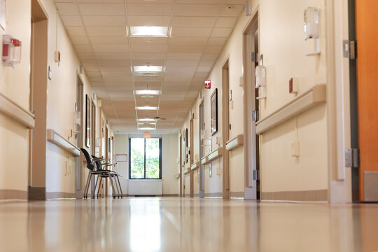 Empty  Hallway in Hospital with doors 
