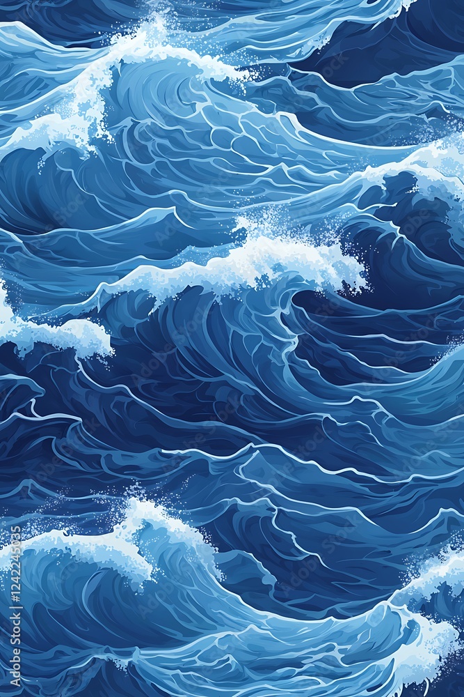 Poster a seamless pattern of beautiful blue ocean waves, with each crest and trough repeating in harmony ac