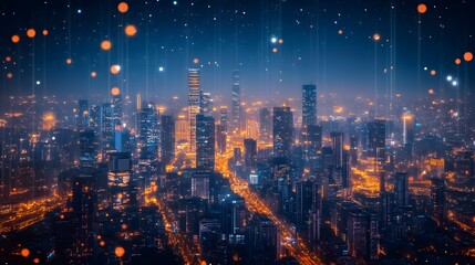 Fototapeta premium A stunning aerial view of a vibrant city skyline at night, filled with shimmering lights.