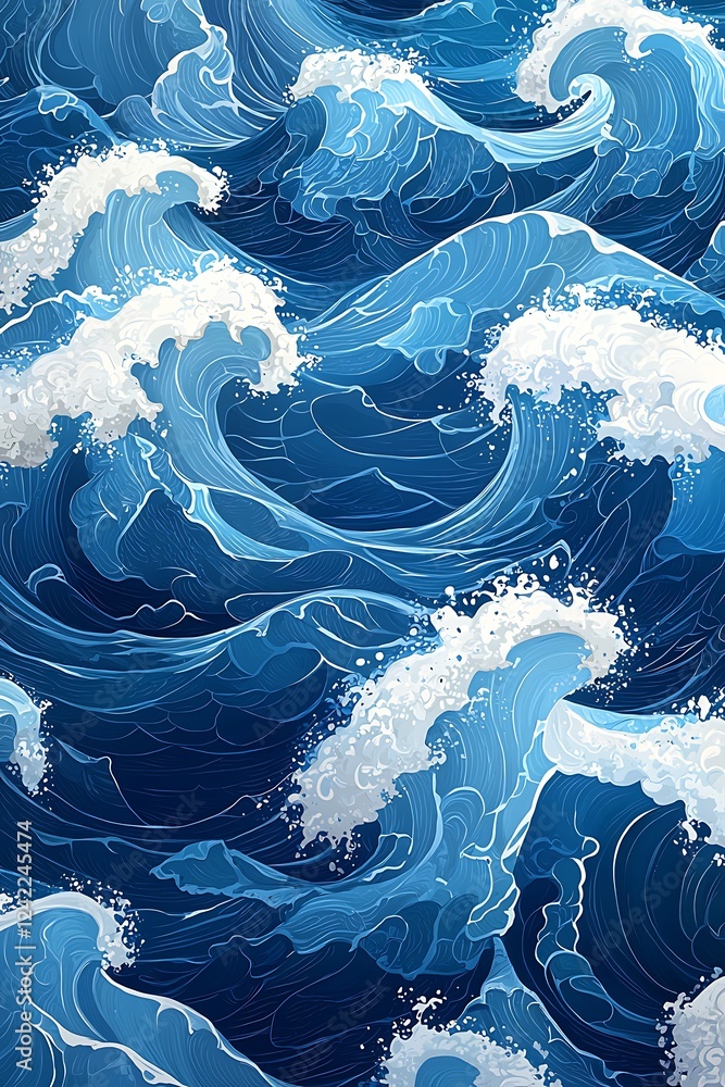 Poster a seamless pattern of beautiful blue ocean waves, with each crest and trough repeating in harmony ac