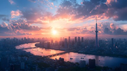 Fototapeta premium Breathtaking sunset over a vibrant city skyline with a river view.