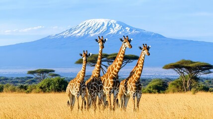 Fototapeta premium Giraffes in the savannah with the snow-capped Mount Kilimanjaro against a blue sky. The background is a mount with snow at the top. Landscape natural photography for World Wildlife Day.