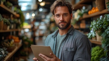 Man in a gray shirt stands holding a brown folder surrounded by plants on shelves