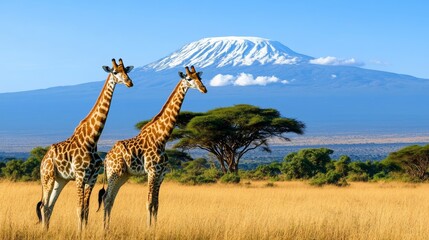 Fototapeta premium Giraffes in the savannah with the snow-capped Mount Kilimanjaro against a blue sky. The background is a mount with snow at the top. Landscape natural photography for World Wildlife Day.