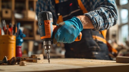 Carpenter Using a Drill in a Workshop