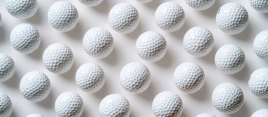 Aerial view of numerous white golf balls arranged in a grid pattern on a light background