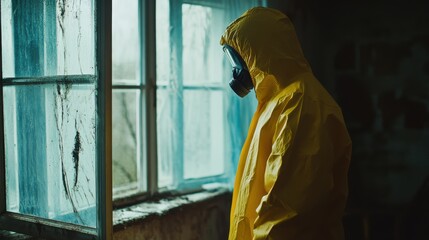Fototapeta premium Individual in Protective Gear Gazes Out a Dusty Window in Abandoned Space