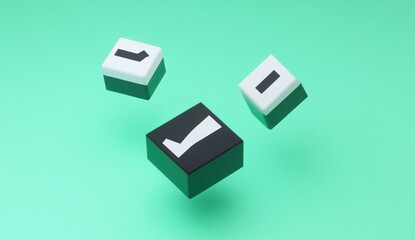 Fototapeta premium 3D rendered cubes with check, arrow, and minus symbols, floating against a mint green background.