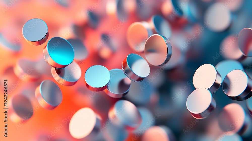 Poster floating metallic disks in an abstract vibrant background create a mesmerizing visual effect in a di
