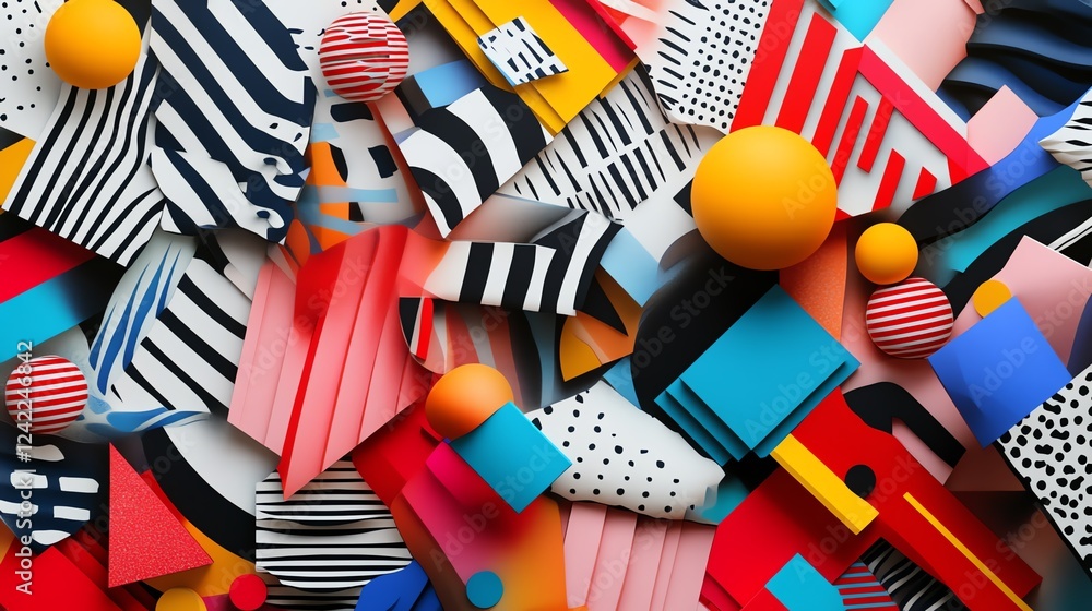Poster colorful abstract arrangement of various textured shapes and patterns in a vibrant display