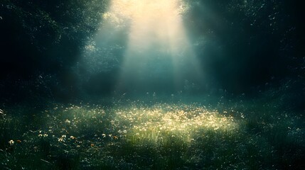 Obraz premium A serene forest glade illuminated by soft, golden sunlight filtering through the trees.