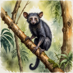 Fototapeta premium Watercolor painting of an aye-aye clinging to a moss-covered tree branch in the dense rainforests of Madagascar