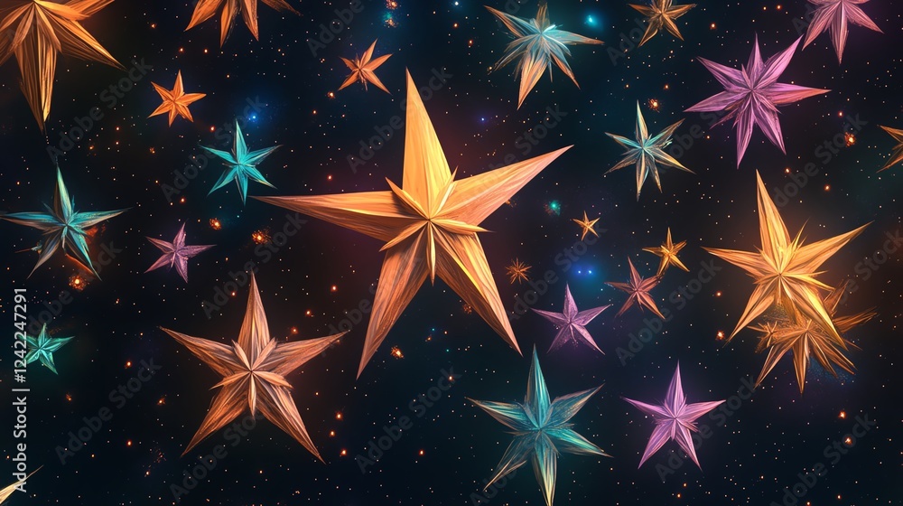 Poster colorful three-dimensional stars floating in a dark cosmic space with a galaxy backdrop