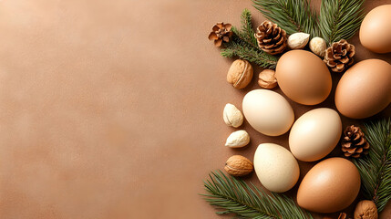 Brown eggs, nuts, pine cones, and fir branches on a brown background; holiday baking concept