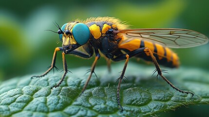 Fototapeta premium Close up of a Syrphid fly with vibrant yellow and blue colors on a green leaf