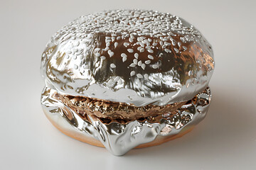 metallic burger art, d model of a hyperrealistic silver burger on a white background