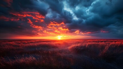 Stunning sunset over a grassy plain, with vibrant orange and purple hues in the sky.