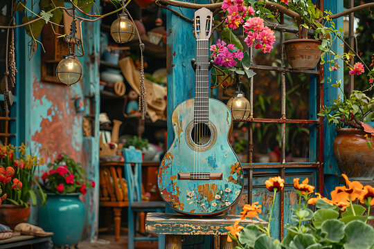 spring equinox garden party, a spring equinox day garden party with vibrant blooms, lanterns, and the joyful melody of a guitar adding to the festivities