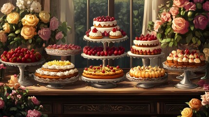 Fototapeta premium A vibrant display of various delectable desserts with a floral background.