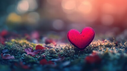 Obraz premium Red Heart Amidst Autumnal Leaves and Moss