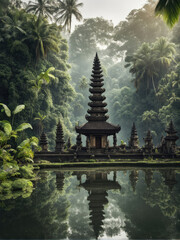 A stunning Balinese temple surrounded by lush greenery and a serene river, bathed in soft sunlight. A peaceful, mystical atmosphere enhances the beauty of this tropical paradise.