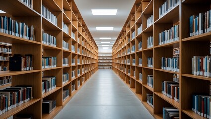 Sleek modern library aisle with endless wooden shelves