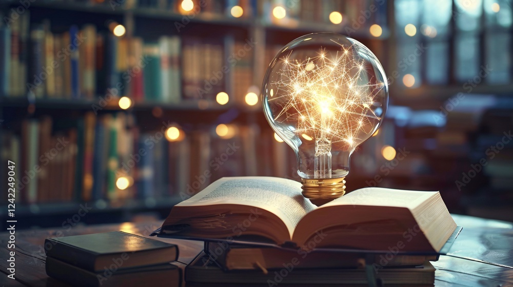 Aufkleber Light bulb is illuminating an open book suggesting new ideas and learning