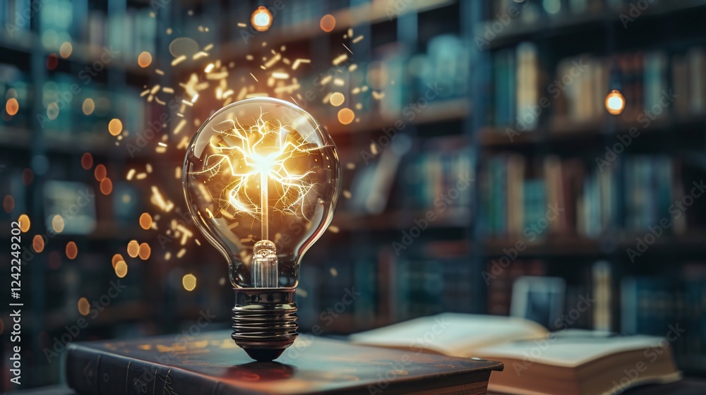 Poster glowing light bulb on a book in a library, symbolizing knowledge and inspiration