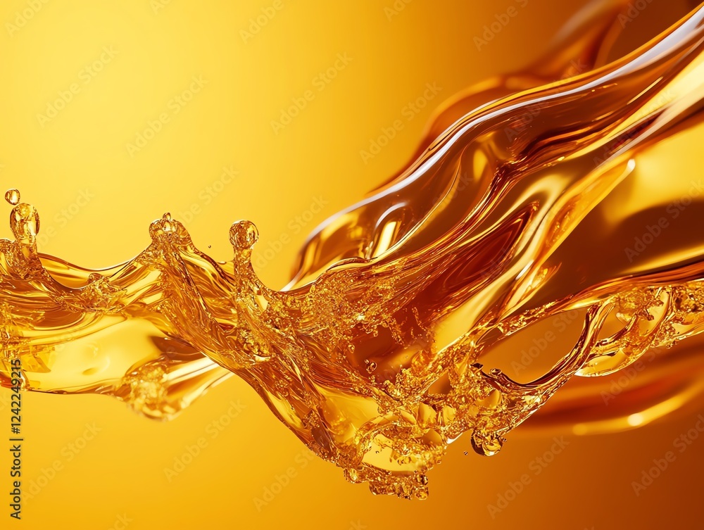 Poster liquid gold splashes dynamically against a vibrant orange background, creating a striking visual of 