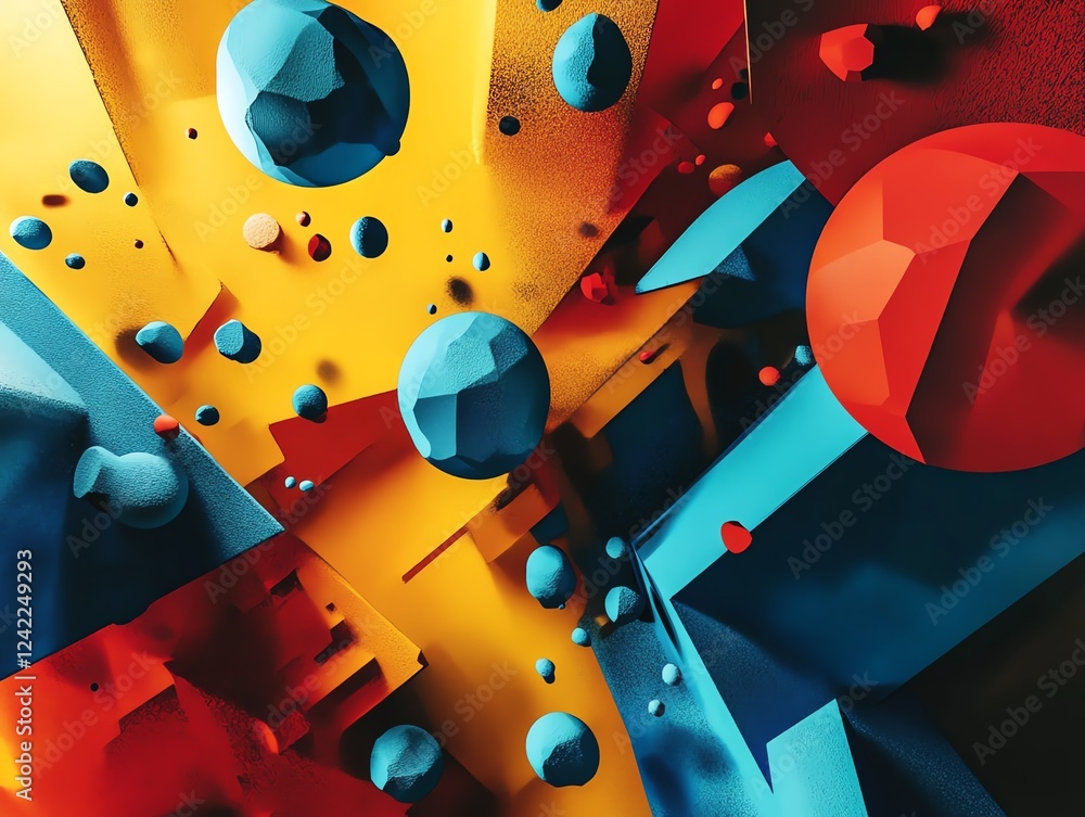 Poster colorful abstract shapes and spheres create a dynamic composition in a vibrant digital artwork