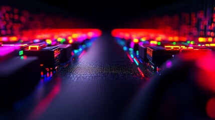 Colorful abstract representation of digital data processing with illuminated circuitry in a dark environment