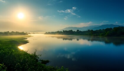 Obraz premium Tranquil lakeside sunrise with misty horizon reflecting on still water - a peaceful start - perfect for nature blogs travel or meditative content