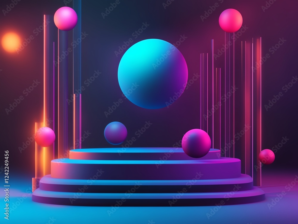 Poster colorful geometric shapes and illuminated structures create a modern abstract exhibition space