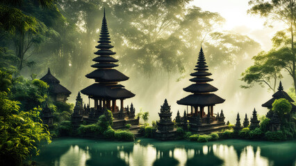 A stunning Balinese temple surrounded by lush greenery and a serene river, bathed in soft sunlight. A peaceful, mystical atmosphere enhances the beauty of this tropical paradise.